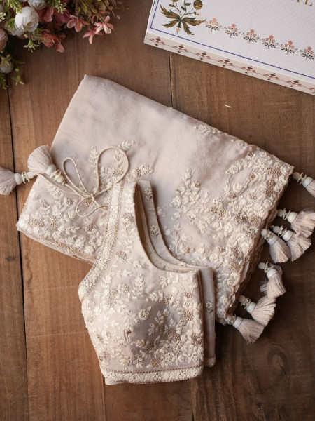 Velmira Beige Embroidered Saree with Heavy Thread Work and Readymade Blouse