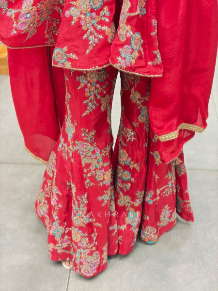 Wamika Red Floral Flared Suit Set with Zari Work