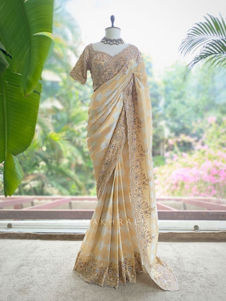 Avadhira Cream Saree with Cut Dana, Beads and Sequin Work