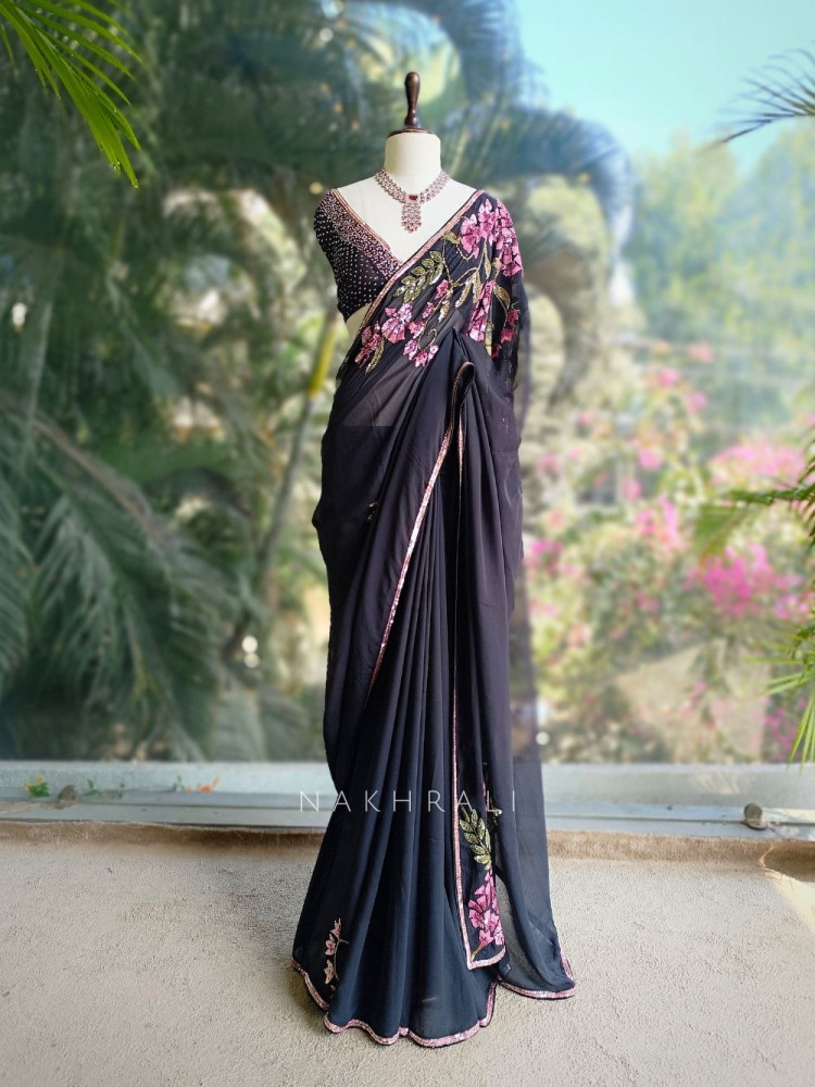 Image of Vyra Black Saree with Multicolor Sequin and Bead Work