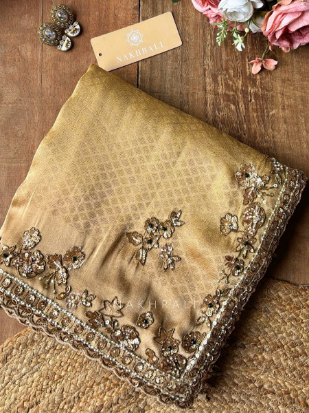 Gilded Ivy Golden Saree with Readymade Blouse  With Zardozi, Sequin & Moti Work