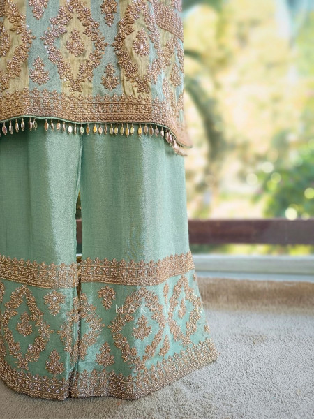 Zariya Sea Green Suit Set with Cut Dana and Zari Work
