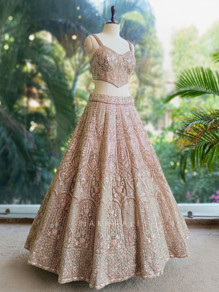 Celestique Beige Embroidered Jacket Lehenga