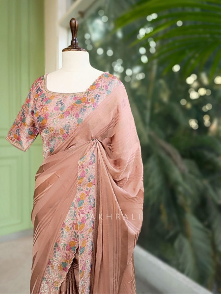 Saraya Caramel Pink Woven Border Saree with Patterned Blouse