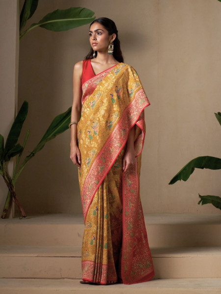 Golden Glow Dola Silk Saree with Red Woven Border