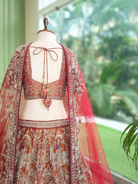 Bhavika Antique Brown Raw Silk Tissue Bridal Lehenga
