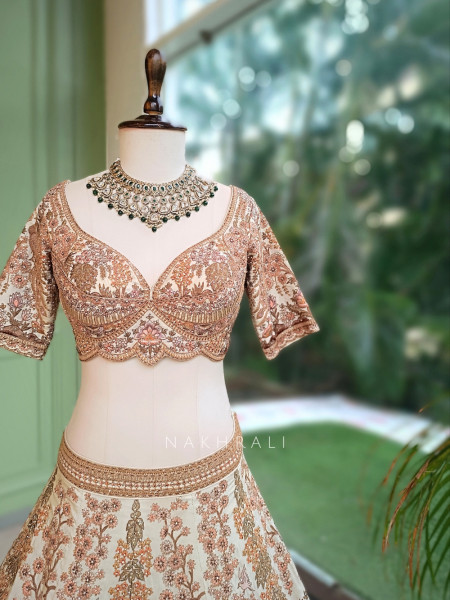 Darbar Antique Cream Dupion Silk Bridal Lehenga