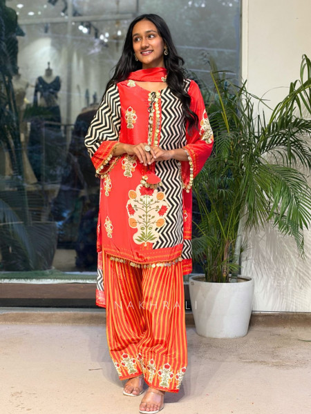 Zeenat-e-Ziba Orange Modal Satin Silk Suit Set With Mughal Floral, Chevron & Coin Detail
