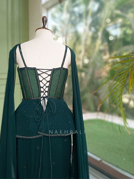 Viridian Green Indo-Western Mermaid Lehenga Set with Cutdana & Bead Work