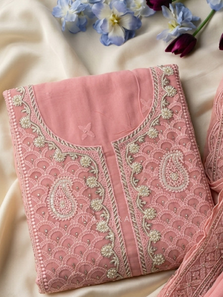 Mridula Pink Dress Material With Embroidered Neckline and Border Detail