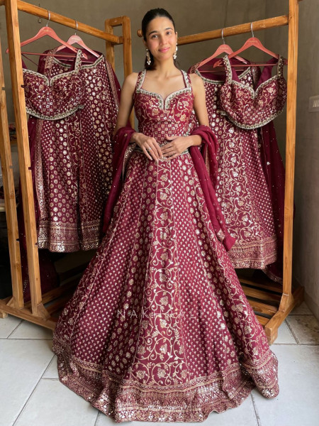 Gul-o-Zari Maroon Corset Lehenga