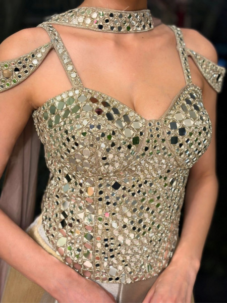 Zareen Golden Corset Palazzo Set with Choker Dupatta