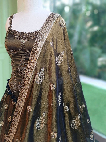 Surmayi Green Mehendi Tissue Silk Indo-Western Lehenga
