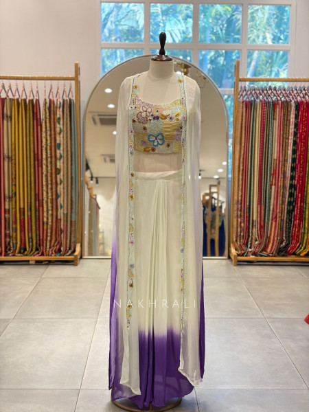 Seraphina White Purple Crop Top Skirt Set with Cape Dupatta