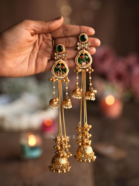 Chandrika Green Kashmiri Long Jhumka Earrings