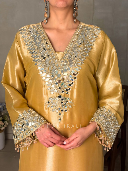 Aks Golden Tissue Suit Set with Mirror Zari Work