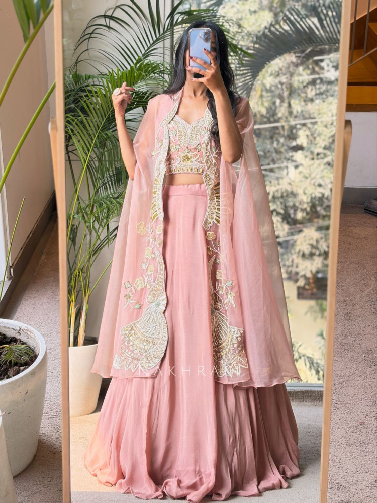 Image of Avelyn Pink Indo-Western Lehenga Set with Embroidered Cape