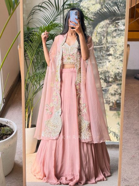 Avelyn Pink Indo-Western Lehenga Set with Embroidered Cape
