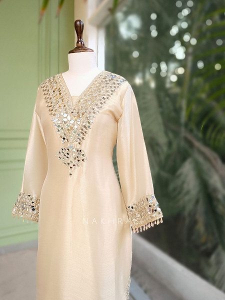 Aks Cream Tissue Suit Set with Mirror Zari Work