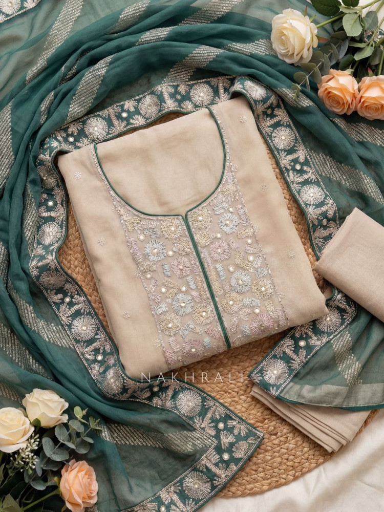 Image of Mirevella Beige Floral Embroidered Dress Material with Contrast Dupatta