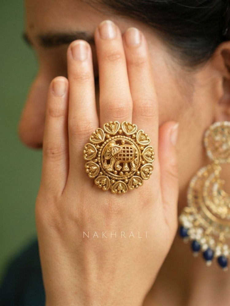 Image of Tanira Golden Elephant Motif Statement Ring