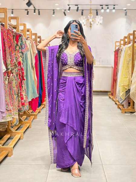 Ruvica Purple Indo Western Draped Set with Embroidery Work