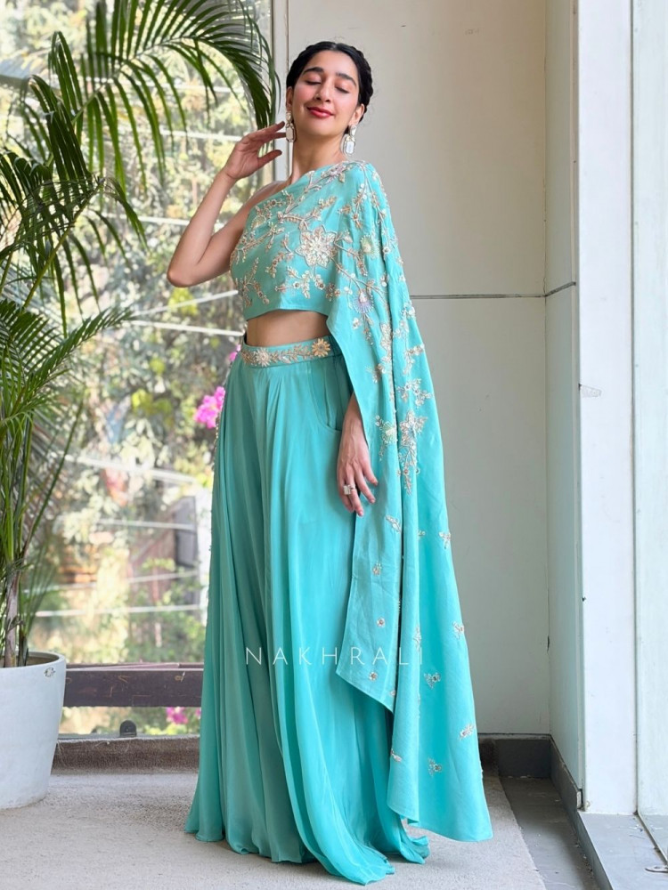 Image of Aeloria Sky Blue One-Shoulder Cape Indo-Western Set