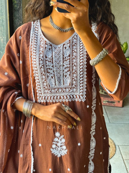Saesha Brown Chikankari Kurta Set with Dupatta