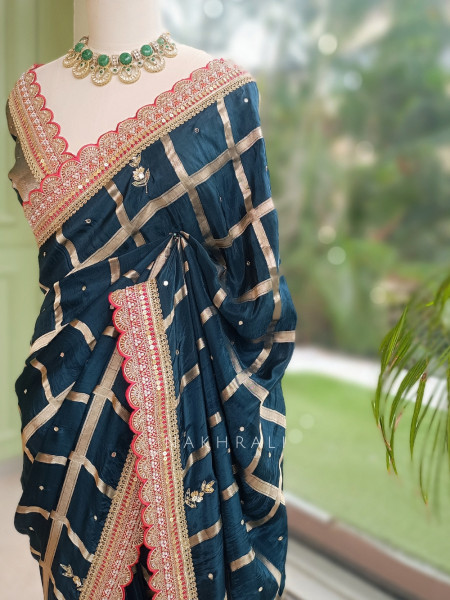 Koshira Teal Blue Pure Dola Silk Saree WIth Gotta Patti, Resham & Scalloped Zari Border
