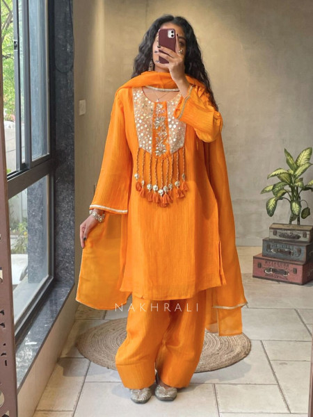 Zivika Orange Suit Set with Embroidered Kurta and Dupatta