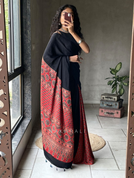 Kairav Red Black Modal Block Print  Saree