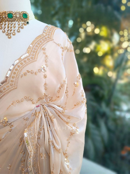 Warm Allure Beige Tissue Saree with Sequin and Cut Dana Work