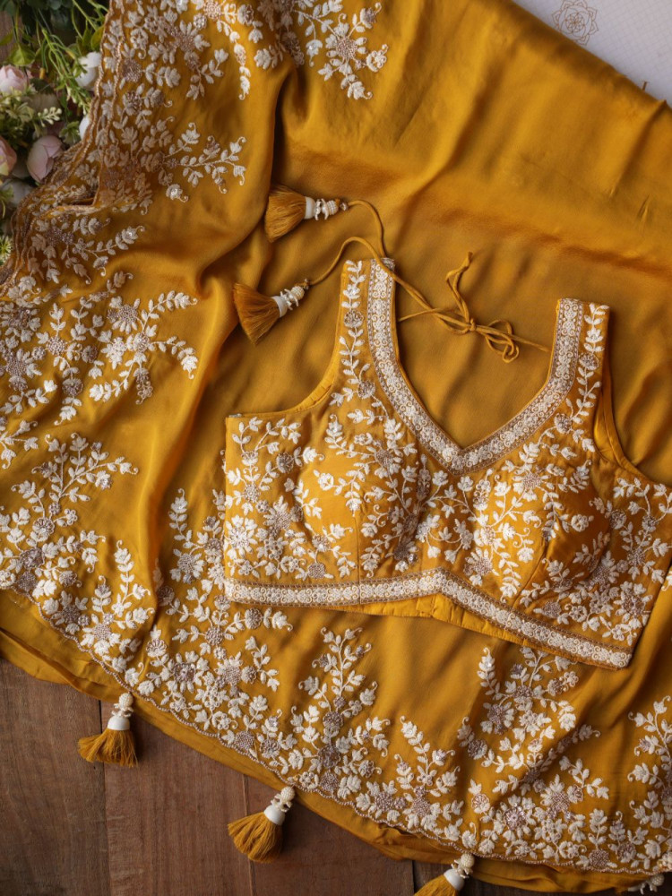 Image of Velmira Mustard Embroidered Saree with Heavy Thread Work and Readymade Blouse