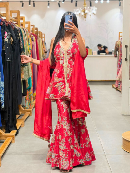 Wamika Red Floral Flared Suit Set with Zari Work