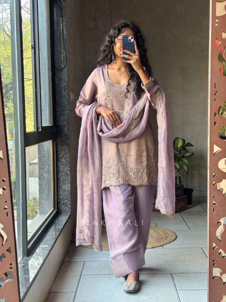 Image of Ahana Purple Suit Set with Cut Dana and Zari Work