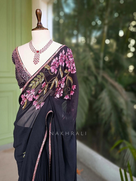 Vyra Black Saree with Multicolor Sequin and Bead Work