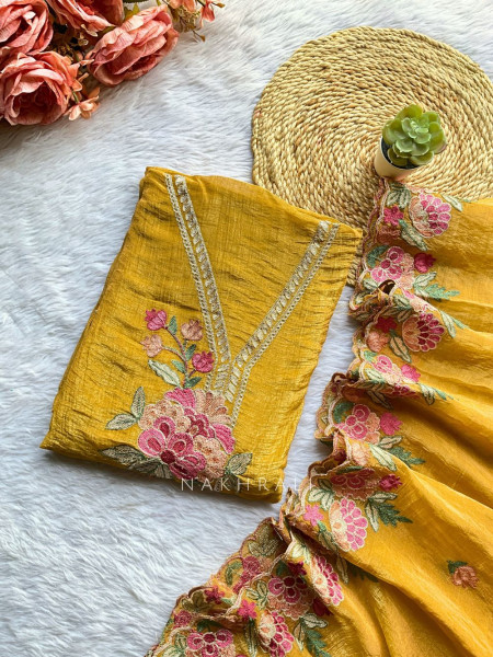 Florévia Yellow Embroidered Dress Material Set