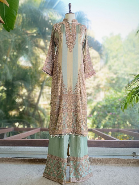 Zariya Sea Green Suit Set with Cut Dana and Zari Work