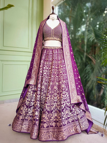Vedhika Glint Purple Brocade Lehenga with Zari and Sequin Work