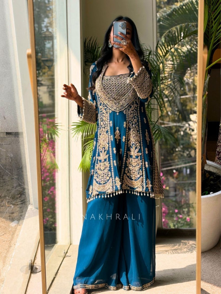 Zyara Blue Suit Set with Cut Dana and Zari Work