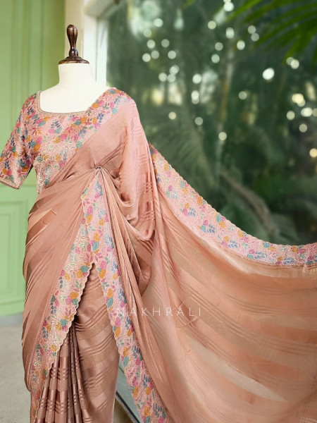 Saraya Caramel Pink Woven Border Saree with Patterned Blouse