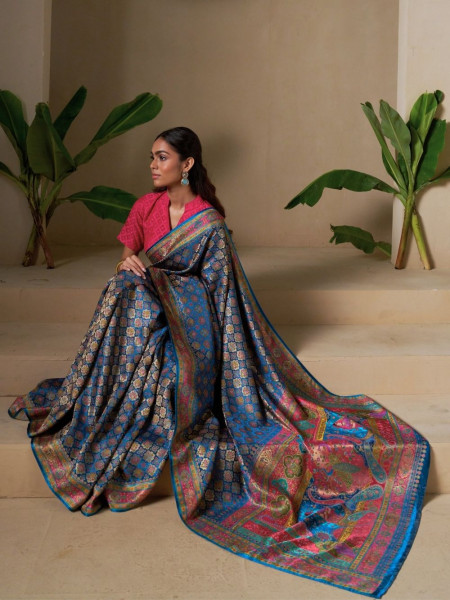 Royal Blue Dola Silk Saree with Intricate Woven Motifs