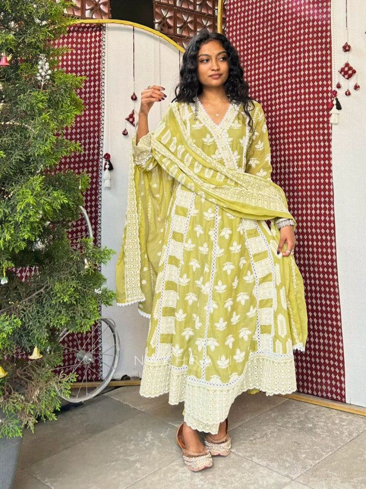 Image of Evara Green Lucknowi Anarkali Kurta Suit Set