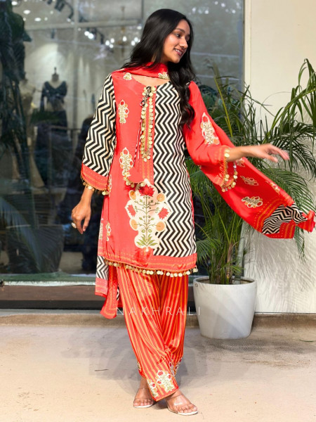 Zeenat-e-Ziba Orange Modal Satin Silk Suit Set With Mughal Floral, Chevron & Coin Detail