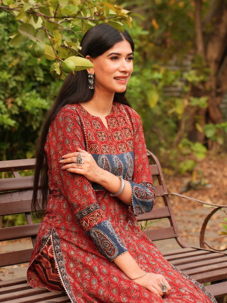 Feroz Maroon Cotton Flared Kurta Pant Set