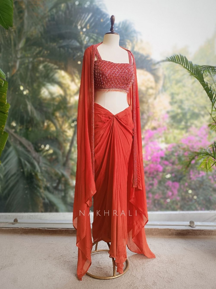 Image of Rivora Brick Crop Skirt Set with Beads Cut Dana Work