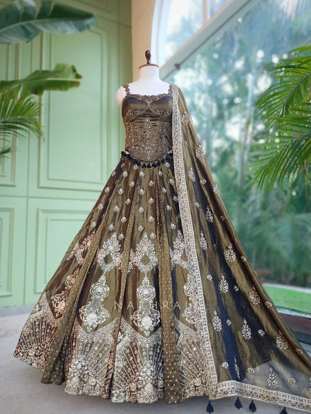 Surmayi Green Mehendi Tissue Silk Indo-Western Lehenga