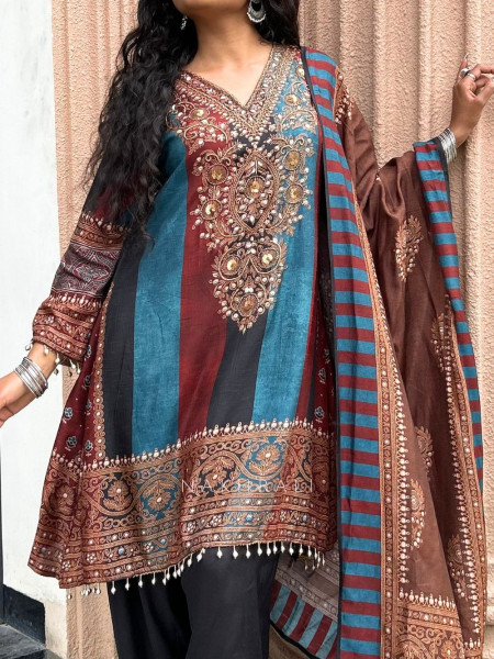 Aranya Blue  Printed Silk Salwar Suit Set