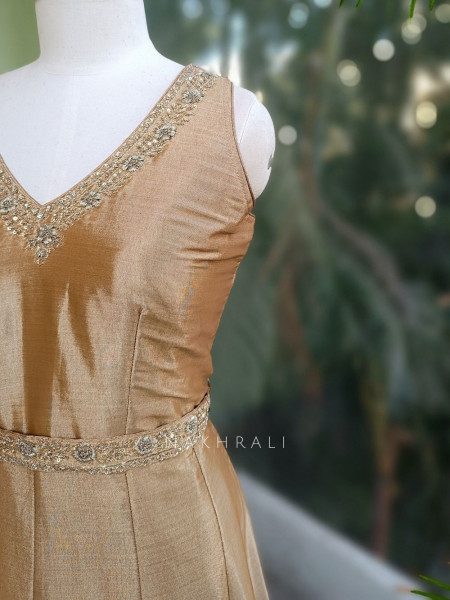 Virelle Golden Silk Anarkali Suit Set with Zari and Sequin Work