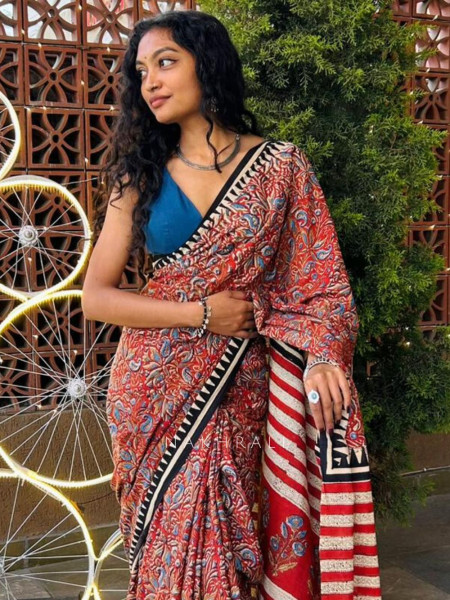 Rivara Maroon Cotton Floral Printed Saree